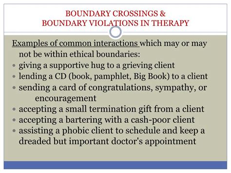 Lewis' decision to work with her employees until she was confident in the team will be examined in the context of her ethical behavior as well. . Examples of boundary violations in counseling